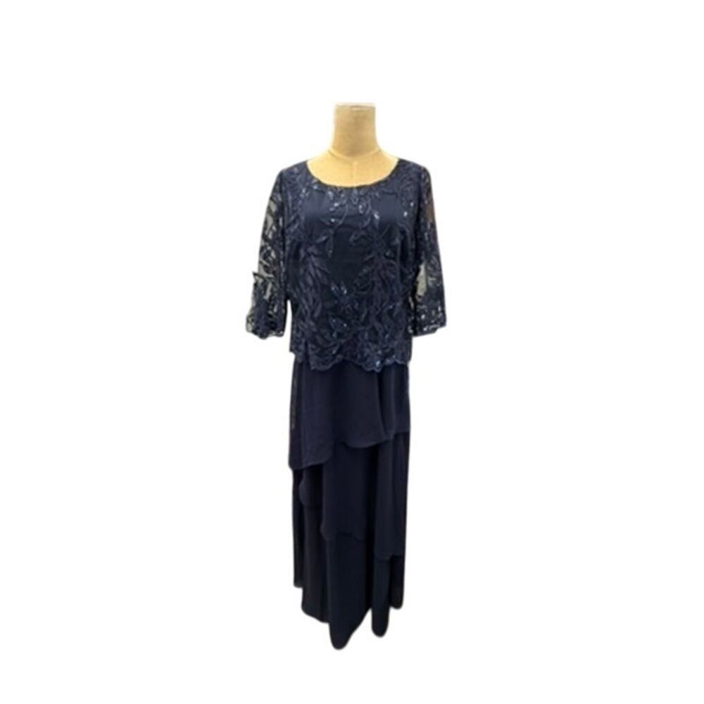 NWT! "MAYA BROOKE" Navy Sequin Sheer Overlay Layered Formal Dress SZ 12 Wedding